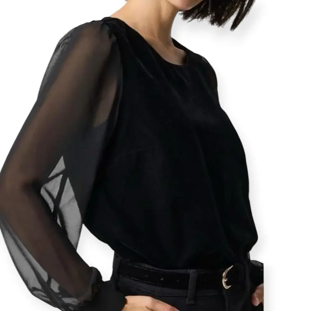 NWT J. Crew Black Velvet Puff Sleeve Velvet Top Women’s Size XS Sheer Sleeves